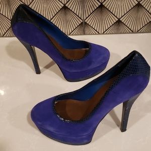 Blue suede platform pumps with snake skin detail